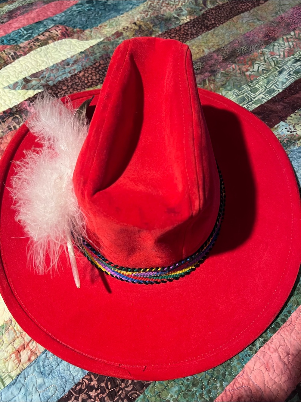 STUDS! Red Suede Feather Cowboy Hat with Rainbow Band